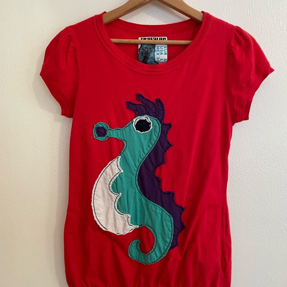 Zara TRF Red Cotton T-Shirt L Seahorse Embroidered Applique Nautical Cap Sleeve